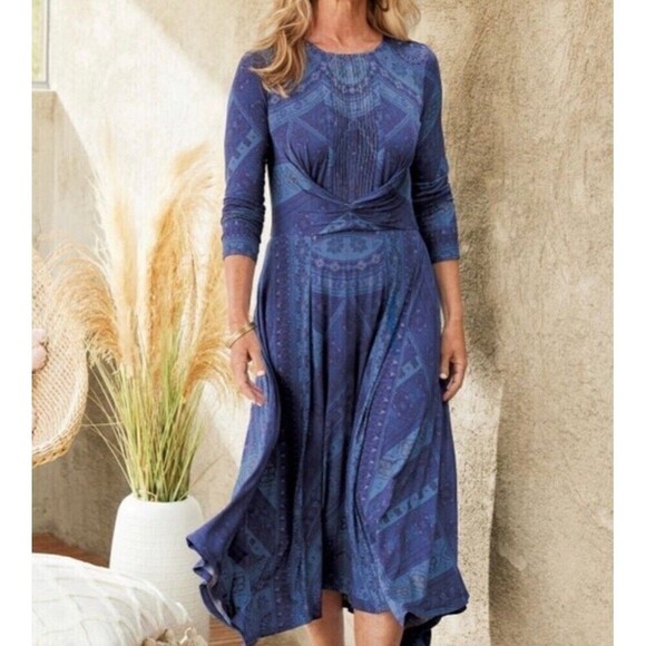 Soft Surroundings Sitarra Dress Aria Blue Long Sleeve Midi Stretch Womens Small - Picture 2 of 12